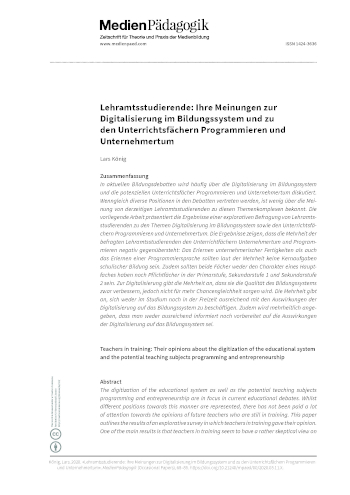 Cover:: Lars König: Lehramtsstudierende: Ihre Meinungen zur Digitalisierung im Bildungssystem und zu den Unterrichtsfächern Programmieren und Unternehmertum