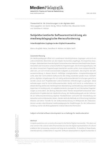 Cover:: Bianca Burgfeld-Meise, Dorothee M. Meister, Björn Senft: Subjektorientierte Softwareentwicklung als medienpädagogische Herausforderung: Interdisziplinäre Zugänge in den Digital Humanities