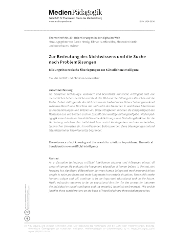 Cover:: Claudia de Witt, Christian Leineweber: Zur Bedeutung des Nichtwissens und die Suche nach Problemlösungen: Bildungstheoretische Überlegungen zur Künstlichen Intelligenz