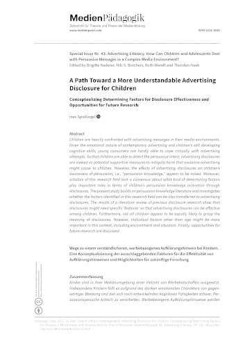 Cover:: Ines Katrin Spielvogel: A Path Toward a More Understandable Advertising Disclosure for Children: Conceptualizing Determining Factors for Disclosure Effectiveness and Opportunities for Future Research