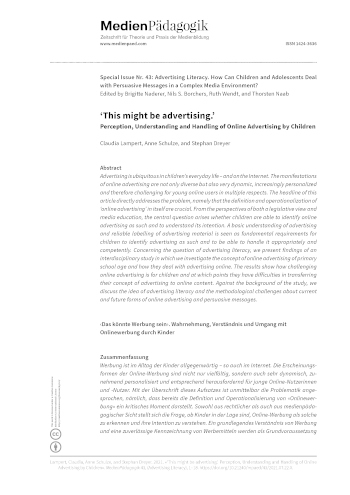 Cover:: Claudia Lampert, Anne Schulze, Stephan Dreyer: ‹Das könnte Werbung sein›: Wahrnehmung, Verständnis und Umgang mit Onlinewerbung durch Kinder
