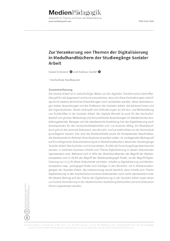 Cover:: Daniel Erdwiens, Andreas Seidel: Zur Verankerung von Themen der Digitalisierung in Modulhandbüchern der Studiengänge Sozialer Arbeit