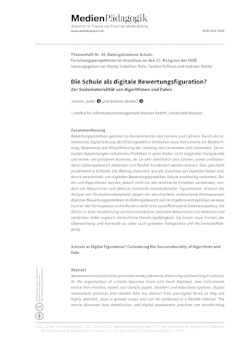 Cover:: Juliane Jarke, Andreas Breiter: Die Schule als digitale Bewertungsfiguration? Zur Soziomaterialität von Algorithmen und Daten
