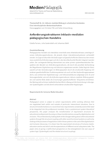 Cover:: Estella Ferraro, Julia Gasterstädt, Johannes Wahl: Anforderungsstrukturen inklusiv-medialen pädagogischen Handelns