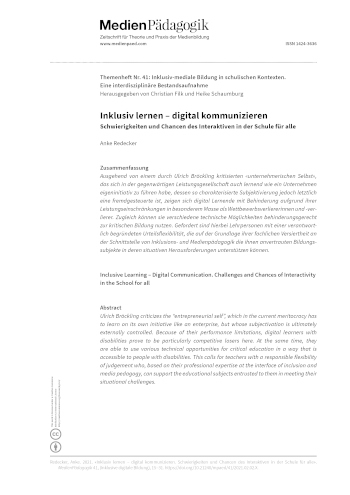 Cover:: Anke Redecker: Inklusiv lernen – digital kommunizieren: Schwierigkeiten und Chancen des Interaktiven in der Schule für alle
