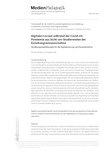 Cover:: Miriam Mulders, Sophia Krah: Digitales Lernen während der Covid-19-Pandemie aus Sicht von Studierenden der Erziehungswissenschaften: Handlungsempfehlungen für die Digitalisierung von Hochschullehre