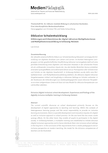 Cover:: Lea Schulz: Diklusive Schulentwicklung: Erfahrungen und Erkenntnisse der digital-inklusiven Multiplikatorinnen- und Multiplikatorenausbildung in Schleswig-Holstein