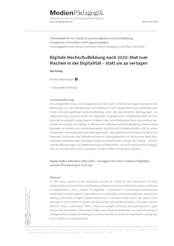 Cover:: Kerstin Mayrberger: Digitale Hochschulbildung nach 2020: Mut zum Machen in der Digitalität – statt sie zu vertagen: Ein Essay