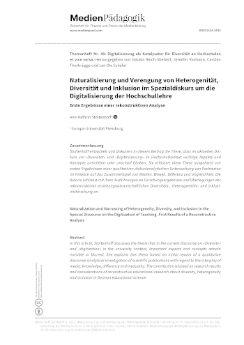 Cover:: Ann-Kathrin Stoltenhoff: Naturalisierung und Verengung von Heterogenität, Diversität und Inklusion im Spezialdiskurs um die Digitalisierung der Hochschullehre: Erste Ergebnisse einer rekonstruktiven Analyse