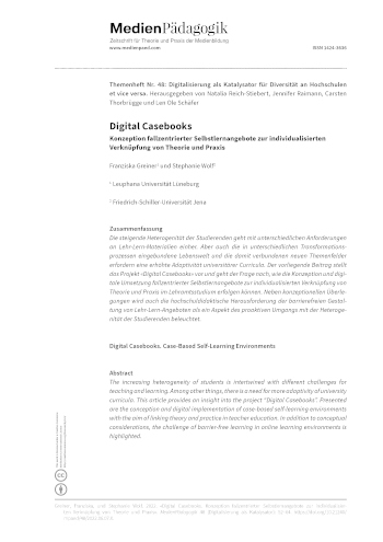 Cover:: Franziska Greiner, Stephanie Wolf: Digital Casebooks: Konzeption fallzentrierter Selbstlernangebote zur individualisierten Verknüpfung von Theorie und Praxis