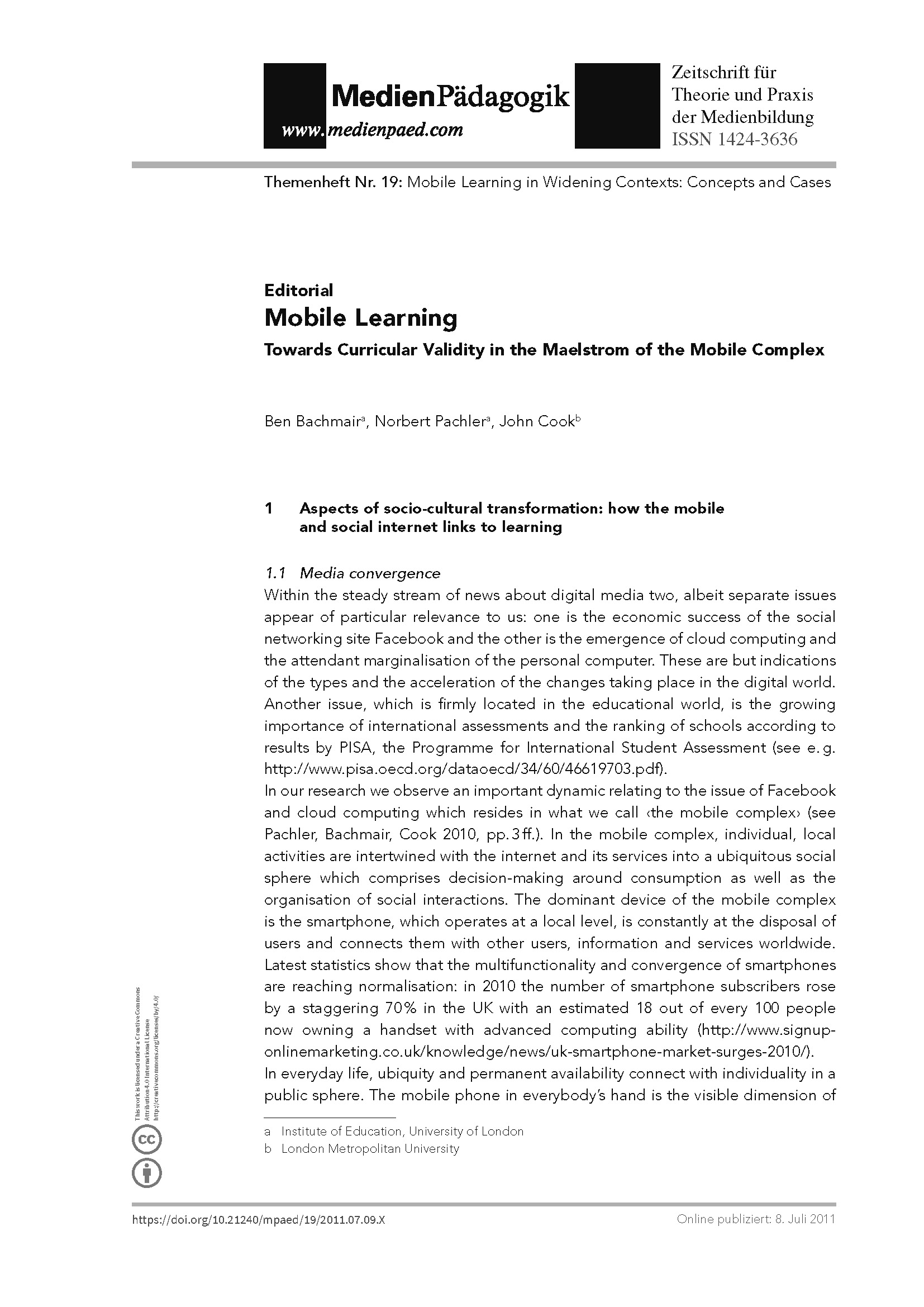 Cover:: Norbert Pachler, Ben Bachmair, John Cook: Editorial: Mobile Learning. Towards Curricular Validity in the Maelstrom of the Mobile Complex