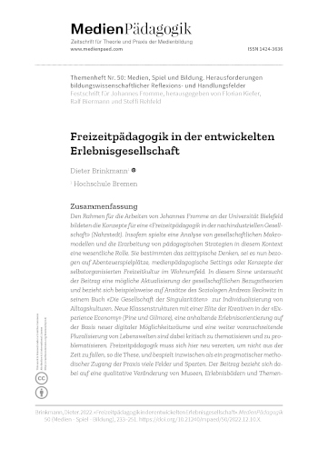 Cover:: Dieter Brinkmann: Freizeitpädagogik in der entwickelten Erlebnisgesellschaft