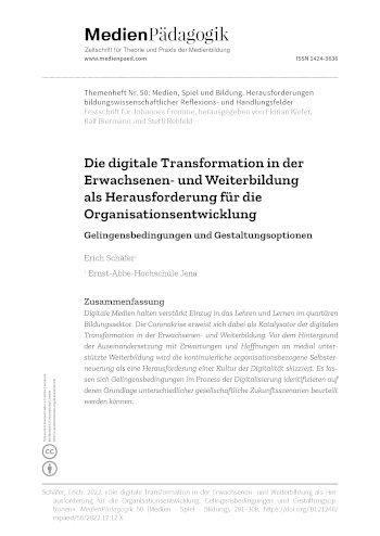Cover:: Erich Schäfer: Die digitale Transformation in der Erwachsenen- und Weiterbildung als Herausforderung für die Organisationsentwicklung: Gelingensbedingungen und Gestaltungsoptionen