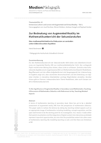 Cover:: Astrid Beckmann: Zur Bedeutung von Augmented Reality im Mathematikunterricht der Sekundarstufen: Eine mathematikdidaktische Diskussion an zentralen unterrichtsrelevanten Aspekten