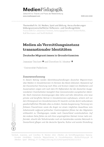 Cover:: Jeannine Teichert, Dorothee M. Meister: Medien als Vermittlungsinstanz transnationaler Identitäten: Deutsche Migrant:innen in Grossbritannien