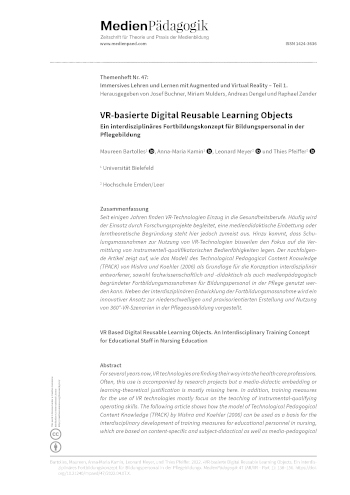 Cover:: Maureen Bartolles, Anna-Maria Kamin, Leonard Meyer, Thies Pfeiffer: VR-basierte Digital Reusable Learning Objects: Ein interdisziplinäres Fortbildungskonzept für Bildungspersonal in der Pflegebildung