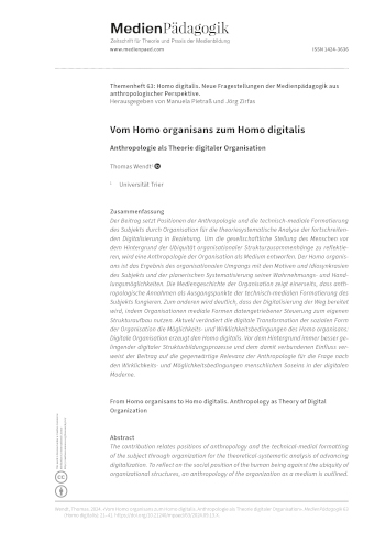Cover:: Thomas Wendt: Vom Homo organisans zum Homo digitalis: Anthropologie als Theorie digitaler Organisation
