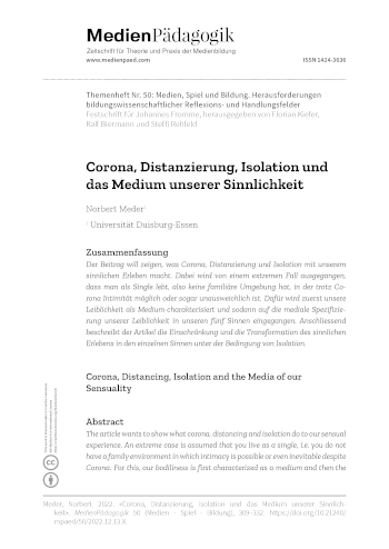 Cover:: Norbert Meder: Corona, Distanzierung, Isolation und das Medium unserer Sinnlichkeit