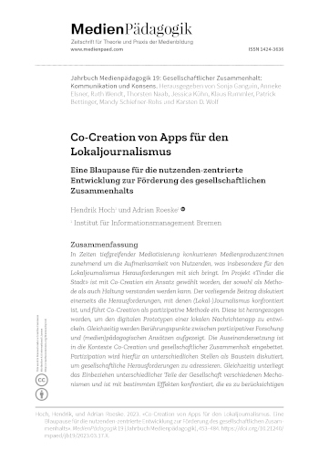 Cover:: Hendrik Hoch, Adrian Roeske: Co-Creation von Apps für den Lokaljournalismus: Eine Blaupause für die nutzenden-zentrierte Entwicklung zur Förderung des gesellschaftlichen Zusammenhalts