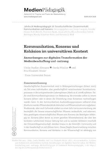 Cover:: Ulrike Stadler-Altmann, Gerda Winkler, Eva-Elisabeth  Moser: Kommunikation, Konsens und Kohäsion im universitären Kontext: Anmerkungen zur digitalen Transformation der Medienbeschaffung und -nutzung