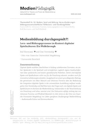 Cover:: Ralf Biermann, Dan Verständig: Medienbildung durchgespielt?! Lern- und Bildungsprozesse im Kontext digitaler Spielkulturen: Ein Walkthrough