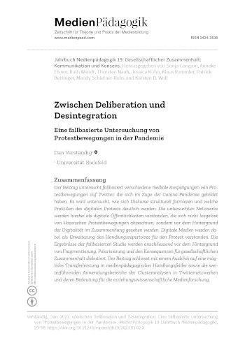 Cover:: Dan Verständig: Zwischen Deliberation und Desintegration: Eine fallbasierte Untersuchung von Protestbewegungen in der Pandemie