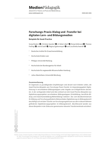 Cover:: Sonja Muders, Christian Spoden, Hannah Rahel Jäkel, Ronja Delbrouck, Thomas Freiling, Astrid Saidi, Regina Egetenmeyer, Lisa Breitschwerdt: Forschungs-Praxis-Dialog und -Transfer bei digitalen Lern- und Bildungsmedien: Beispiele für Good-Practice