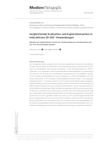 Cover:: Johannes Funk, Ludger Schmidt: Vergleichende Evaluation von Explorationsarten in interaktiven 3D-360°-Anwendungen: Einsatz von explorativem Lernen zur Vorbereitung von Handwerkern auf Vor-Ort-Termine beim Kunden