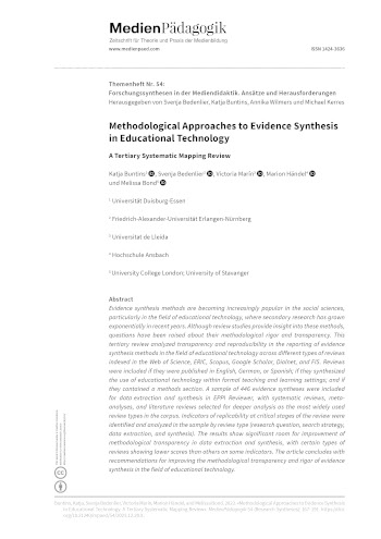 Cover:: Katja Buntins, Svenja Bedenlier, Victoria Marín, Marion Händel, Melissa Bond: Methodological Approaches to Evidence Synthesis in Educational Technology: A Tertiary Systematic Mapping Review