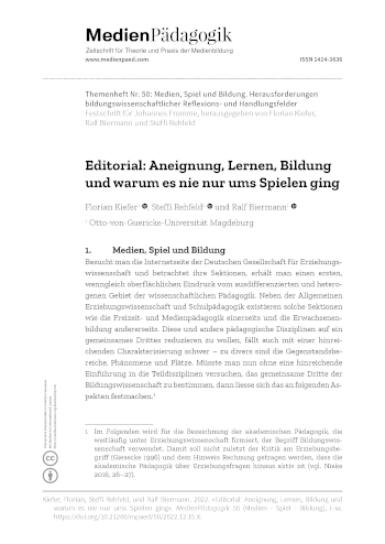 Cover:: Florian Kiefer, Steffi Rehfeld, Ralf Biermann: Editorial: Aneignung, Lernen und Bildung und warum es nie nur ums Spielen ging