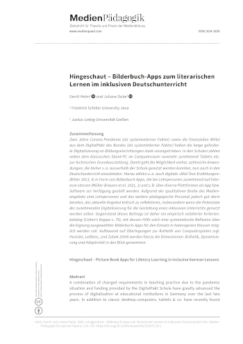 Cover:: Gerrit Helm, Juliane Dube: Hingeschaut – Bilderbuch-Apps zum literarischen Lernen im inklusiven Deutschunterricht