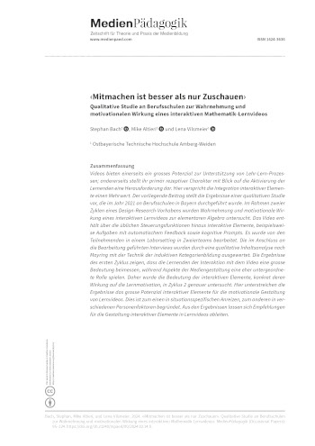 Cover:: Stephan Bach, Mike Altieri, Lena Vilsmeier: ‹Mitmachen ist besser als nur Zuschauen›: Qualitative Studie an Berufsschulen zur Wahrnehmung und motivationalen Wirkung eines interaktiven Mathematik-Lernvideos