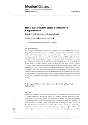 Cover:: Manuela Heimbeck, Andreas Dengel: Medienunterstützte Eltern-Lehrer:innen-Kooperationen: Substitution, Ergänzung oder Neugestaltung?
