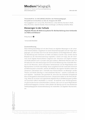 Cover:: Philip Karsch: Messenger in der Schule: (Digitale) Räume als Referenzsysteme für die Bearbeitung einer Antinomie von Nähe und Distanz?