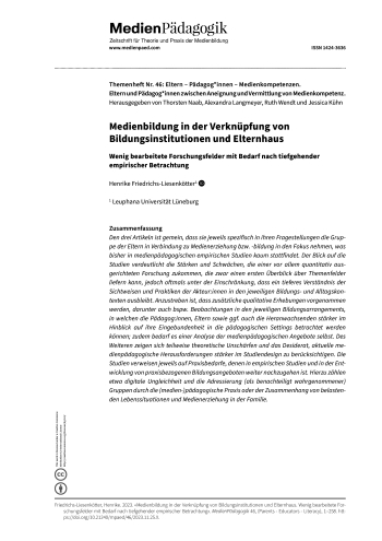 Cover:: Henrike Friedrichs-Liesenkötter: Medienbildung in der Verknüpfung von Bildungsinstitutionen und Elternhaus: Wenig bearbeitete Forschungsfelder mit Bedarf nach tiefgehender empirischer Betrachtung