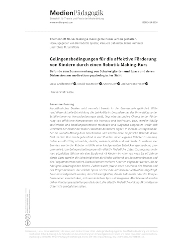 Cover:: Luisa Greifenstein, Ewald Wasmeier, Ute Heuer, Gordon Fraser: Gelingensbedingungen für die affektive Förderung von Kindern durch einen Robotik-Making-Kurs: Befunde zum Zusammenhang von Schwierigkeiten und Spass und deren Diskussion aus motivationspsychologischer Sicht