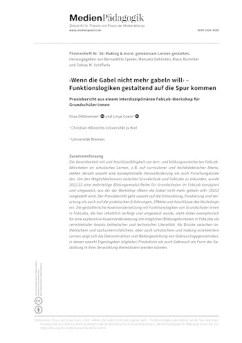 Cover:: Elisa Dittbrenner, Linya Coers: ‹Wenn die Gabel nicht mehr gabeln will› – Funktionslogiken gestaltend auf die Spur kommen: Praxisbericht aus einem interdisziplinären FabLab-Workshop für Grundschüler:innen