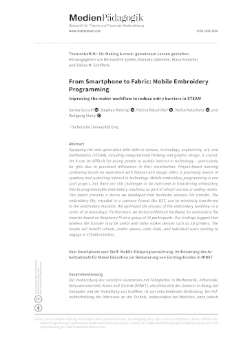 Cover:: Sarina Gursch, Stephan Robinig, Patrick Ratschiller, Stefan Kutschera, Wolfgang Slany: Vom Smartphone zum Stoff: Mobile Stickprogrammierung: Verbesserung des Arbeitsablaufs für Maker Education zur Reduzierung von Einstiegshürden in MINKT
