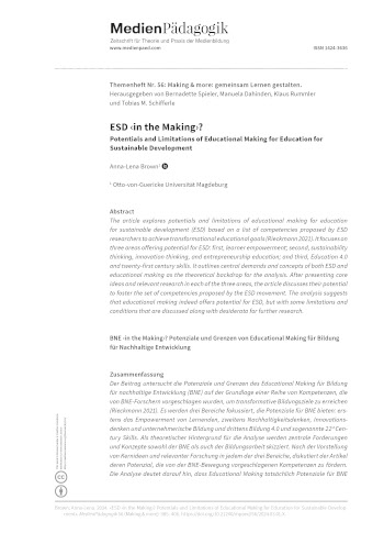 Cover:: Anna-Lena Brown: BNE ‹in the Making›? Potenziale und Grenzen von Educational Making für Bildung für Nachhaltige Entwicklung