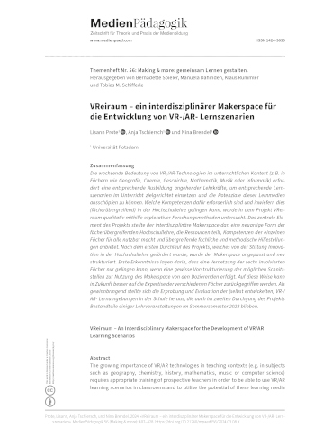 Cover:: Lisann Prote, Anja Tschiersch, Nina Brendel: VReiraum – ein interdisziplinärer Makerspace für die Entwicklung von VR-/AR- Lernszenarien