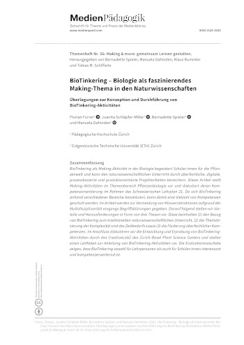 Cover:: Florian Furrer, Juanita Schläpfer-Miller, Bernadette Spieler, Manuela Dahinden: BioTinkering – Biologie als faszinierendes Making-Thema in den Naturwissenschaften: Überlegungen zur Konzeption und Durchführung von BioTinkering-Aktivitäten