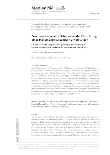 Cover:: Johanna Tewes, Kerstin Boveland: Zusammen.machen – Schulen bei der Einrichtung eines Makerspace systemisch unterstützen: Ein Praxisbericht aus prozessbegleitender Perspektive zur Implementierung von ‹Makerhubs› an elf Schulen in Hamburg