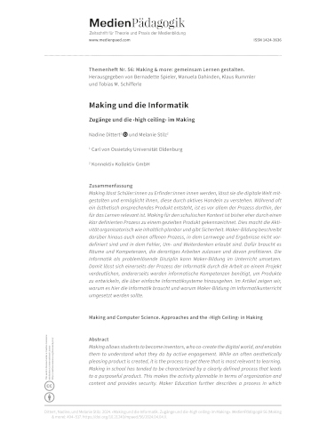 Cover:: Nadine Dittert, Melanie Stilz: Making and Computer Science: Approaches and the ‹High Ceiling› in Making