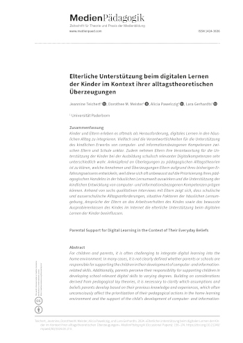 Cover:: Jeannine Teichert, Dorothee M. Meister, Alicia Pawelzig, Lara Gerhardts: Elterliche Unterstützung beim digitalen Lernen der Kinder im Kontext ihrer alltagstheoretischen Überzeugungen