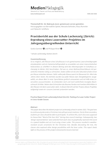Cover:: Saskia Gantner, Philippe Minet: Praxisbericht aus der Schule Lachenzelg (Zürich): Erprobung eines Lasercutter-Projektes im Jahrgangsübergreifenden Unterricht