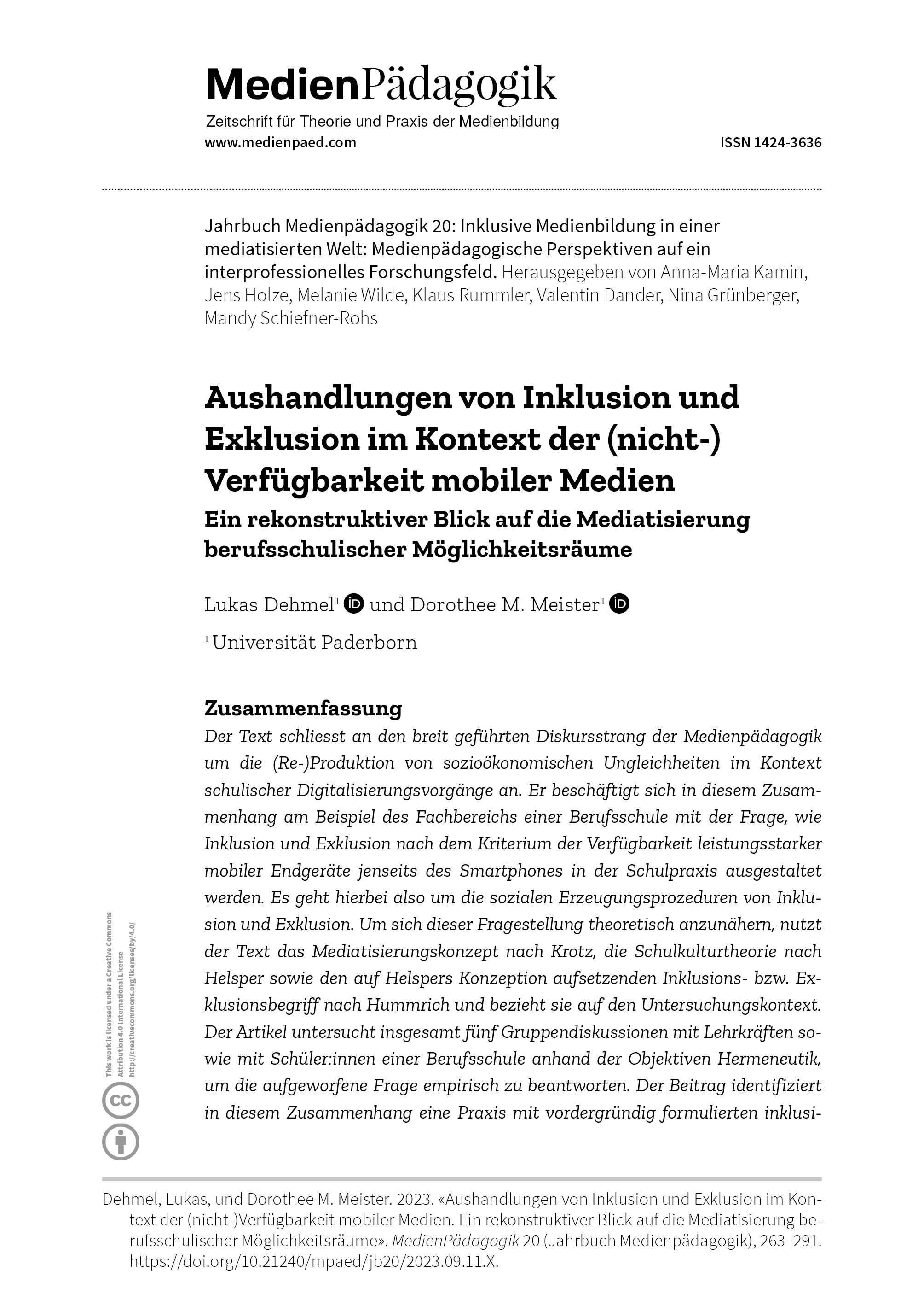 Cover:: Lukas Dehmel, Dorothee M. Meister: Aushandlungen von Inklusion und Exklusion im Kontext der (nicht-)Verfügbarkeit mobiler Medien: Ein rekonstruktiver Blick auf die Mediatisierung berufsschulischer Möglichkeitsräume