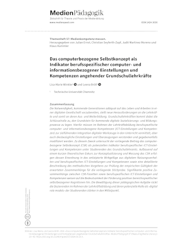 Cover:: Lisa-Marie Winkler, Leena Bröll: Das computerbezogene Selbstkonzept als Indikator berufsspezifischer computer- und informationsbezogener Einstellungen und Kompetenzen angehender Grundschullehrkräfte