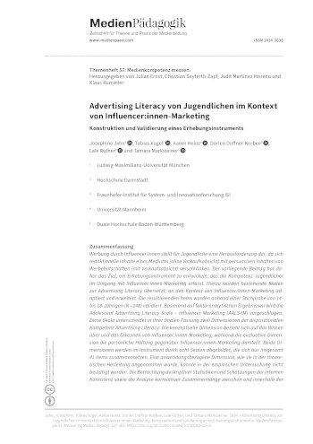 Cover:: Josephine Jahn, Tobias Vogel, Aaron Heinz, Dorien Duffner-Korbee, Lale Rüther, Tamara Marksteiner: Advertising Literacy von Jugendlichen im Kontext von Influencer:innen-Marketing: Konstruktion und Validierung eines Erhebungsinstruments