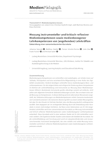 Cover:: Johanna Vejvoda, Matthias Stadler, Florian Schultz-Pernice, Julia Glas, Frank Fischer, Michael Sailer: Messung instrumenteller und kritisch-reflexiver Medienkompetenzen sowie medienbezogener Lehrkompetenzen von (angehenden) Lehrkräften: Entwicklung einer szenarienbasierten Kurzskala