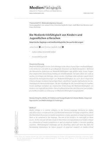 Cover:: Julian Ernst, Christian Seyferth-Zapf: Die Medienkritikfähigkeit von Kindern und Jugendlichen erforschen: Empirische Zugänge und methodologische Herausforderungen